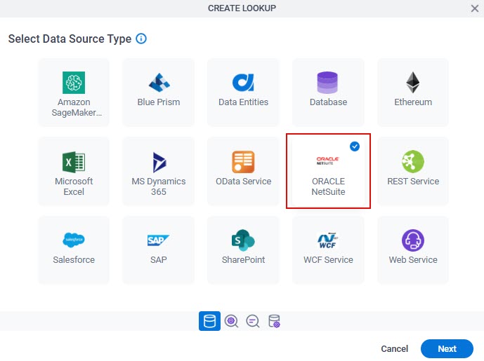 Select Data Source Type screen Oracle NetSuite