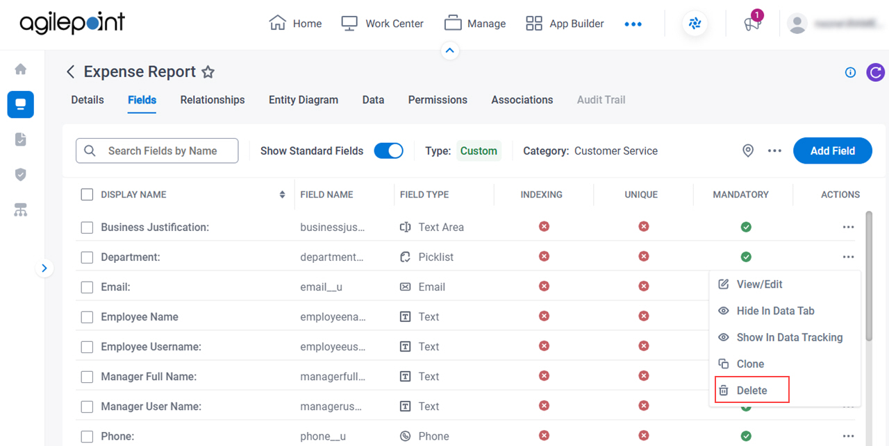 Click Delete Field