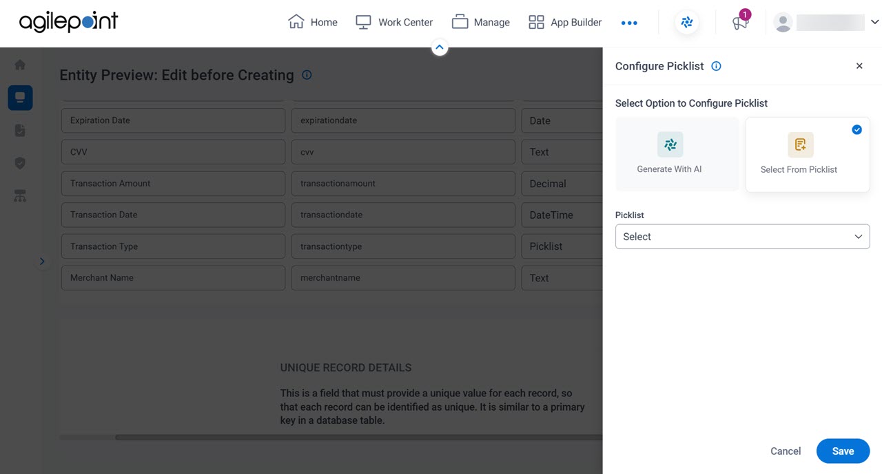 Configure Picklist screen