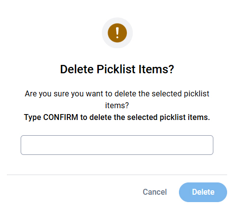 Delete Picklist Items screen