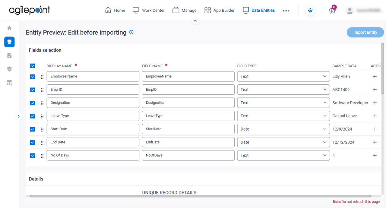 Import Template screen