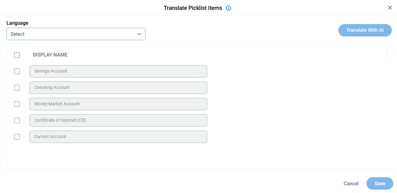 Translate Picklist Items screen