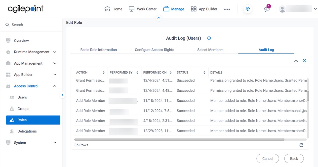 Edit Role Audit Log tab