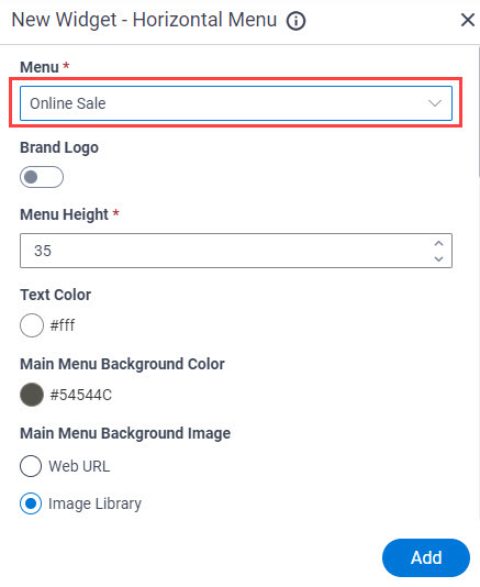New Horizontal Menu Widget screen