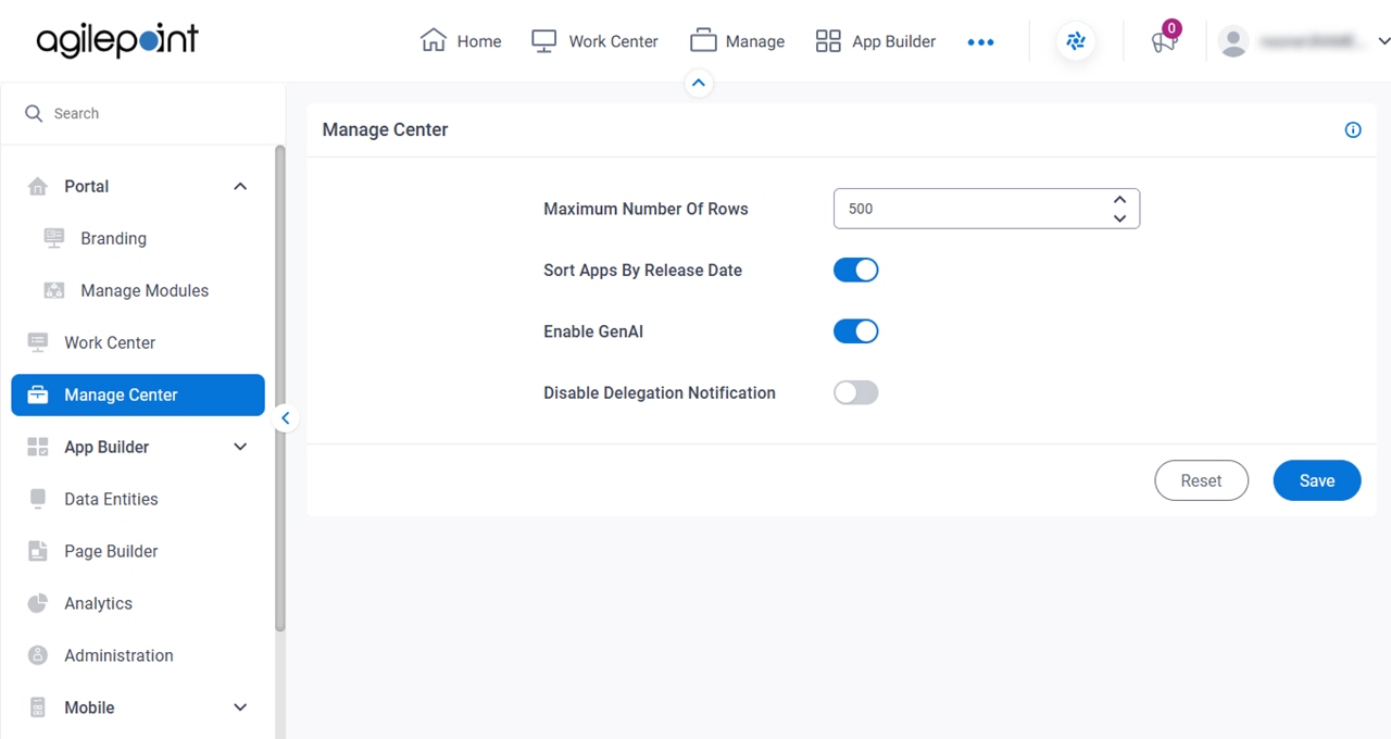 Manage Center screen