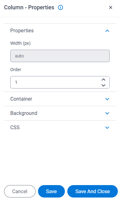 Column Properties Properties screen