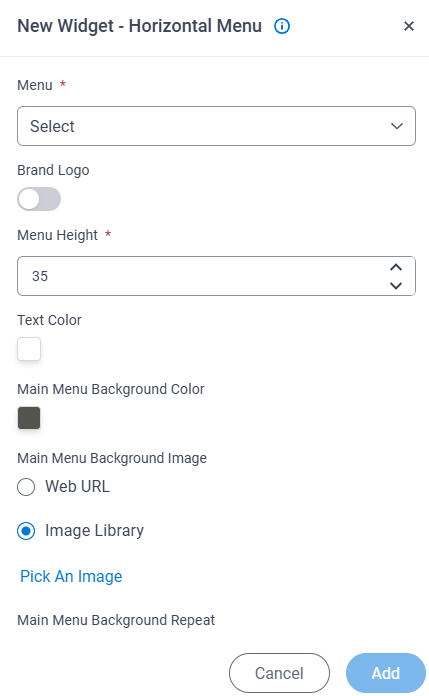 Horizontal Menu Wizard screen