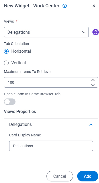 Modern Work Center Widget screen Delegations tab