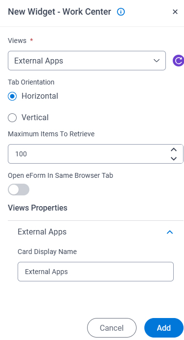Modern Work Center Widget screen External Apps tab
