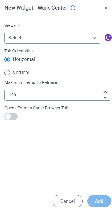 Modern Work Center Widget screen Properties tab