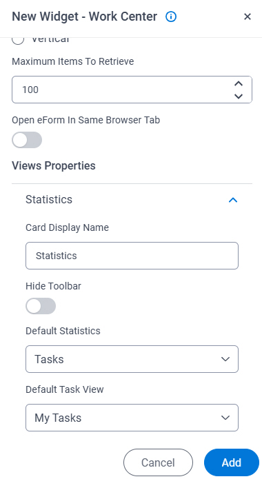 Modern Work Center Widget screen Statistics tab