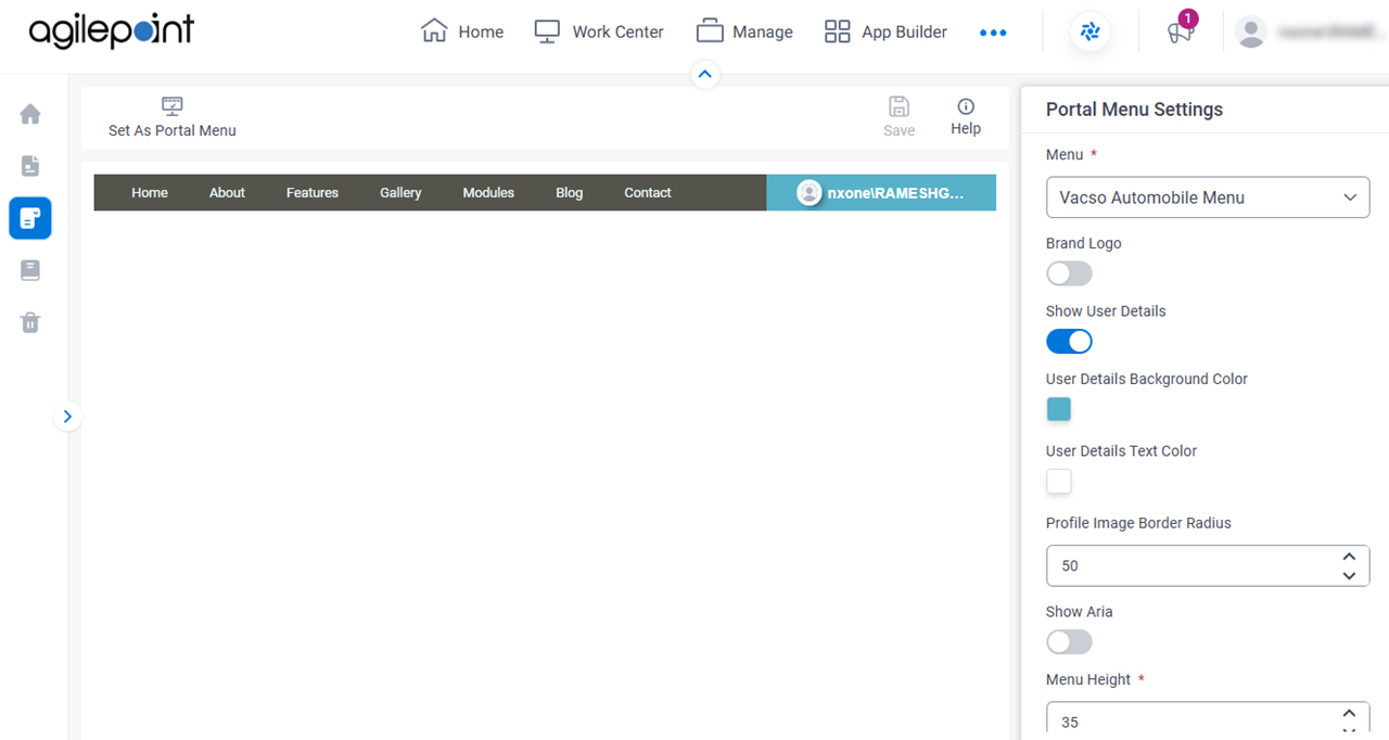 Portal Menu Designer screen