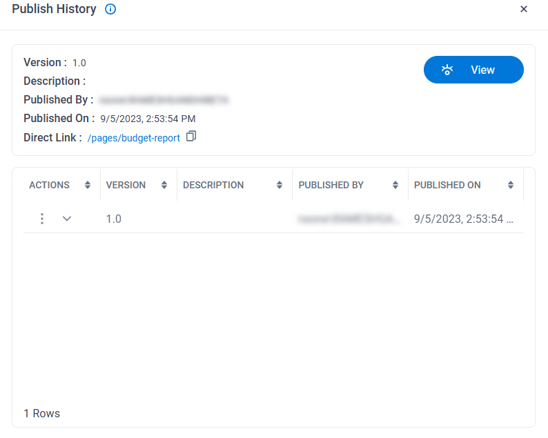 Publish History screen