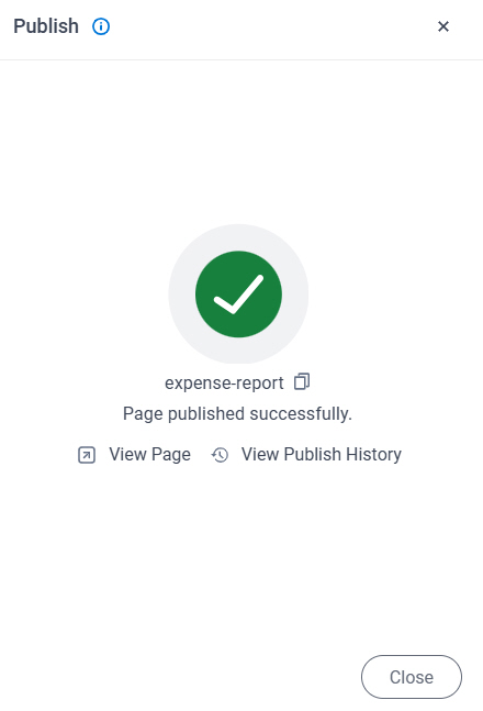 Publish Page Published screen