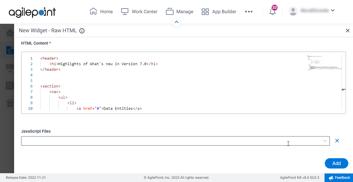 New Raw HTML Widget screen