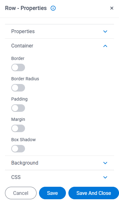 Row Properties Container screen