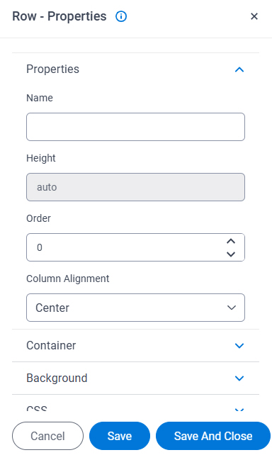 Row Properties screen