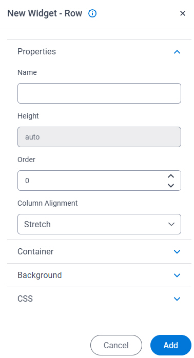 Row Widget screen Properties tab