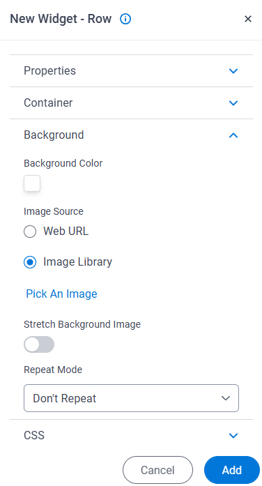 Row Widget screen Background tab