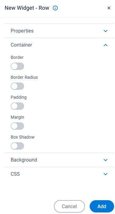 Row Widget screen Container tab