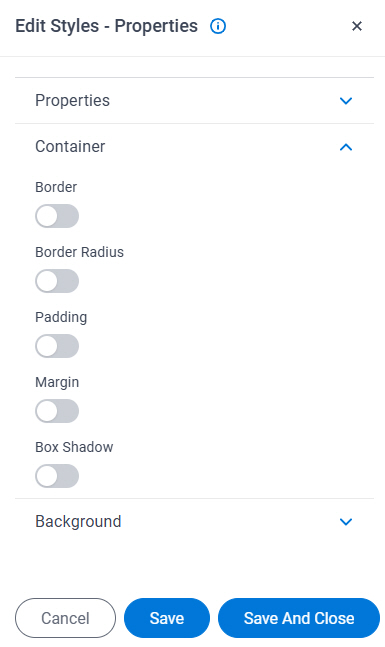 Style Properties Container screen