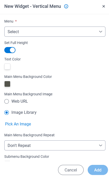 Vertical Menu Wizard screen