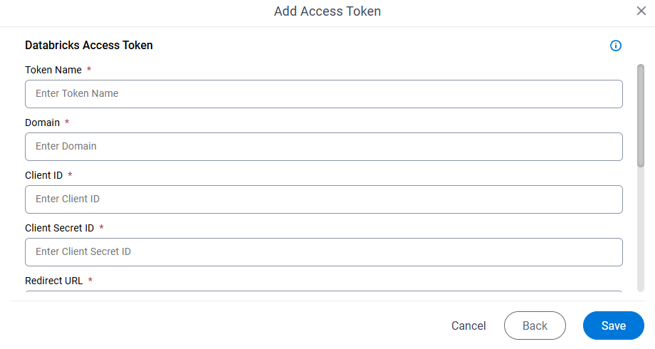 Databricks Access Token Configuration screen