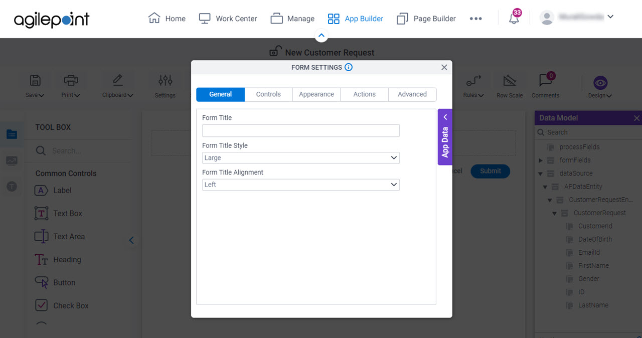 Form Settings screen