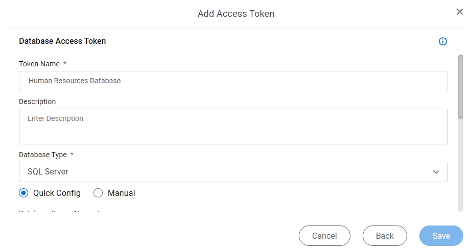 Database Access Token Configuration screen