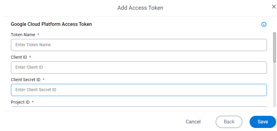 Google Cloud Platform Access Token Configuration screen