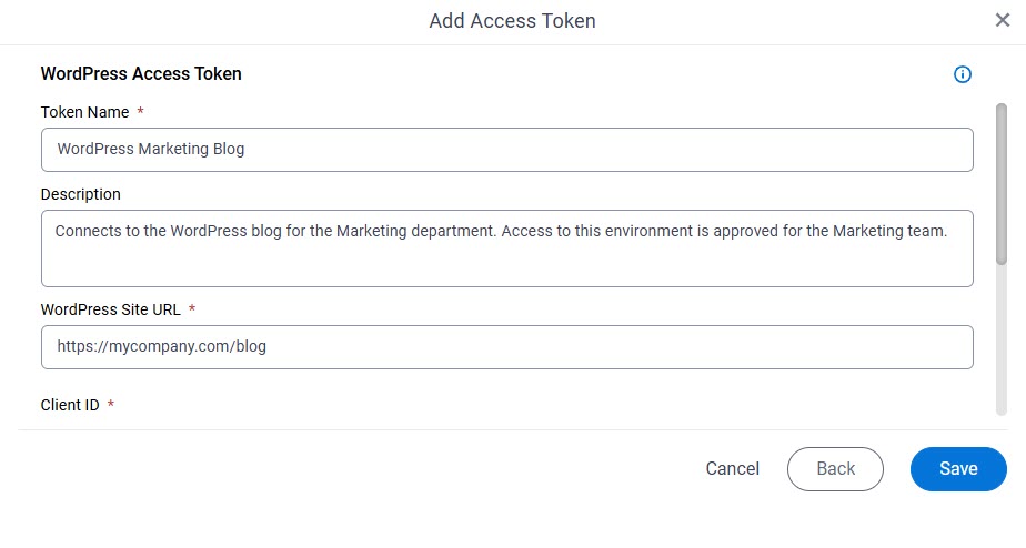 WordPress Access Token Configuration screen