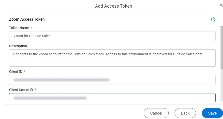 Zoom Access Token Configuration screen