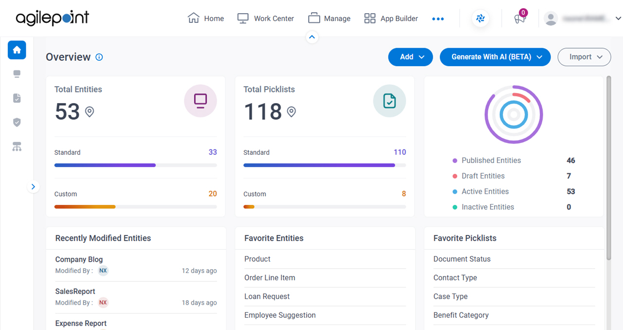 Data Entities home screen