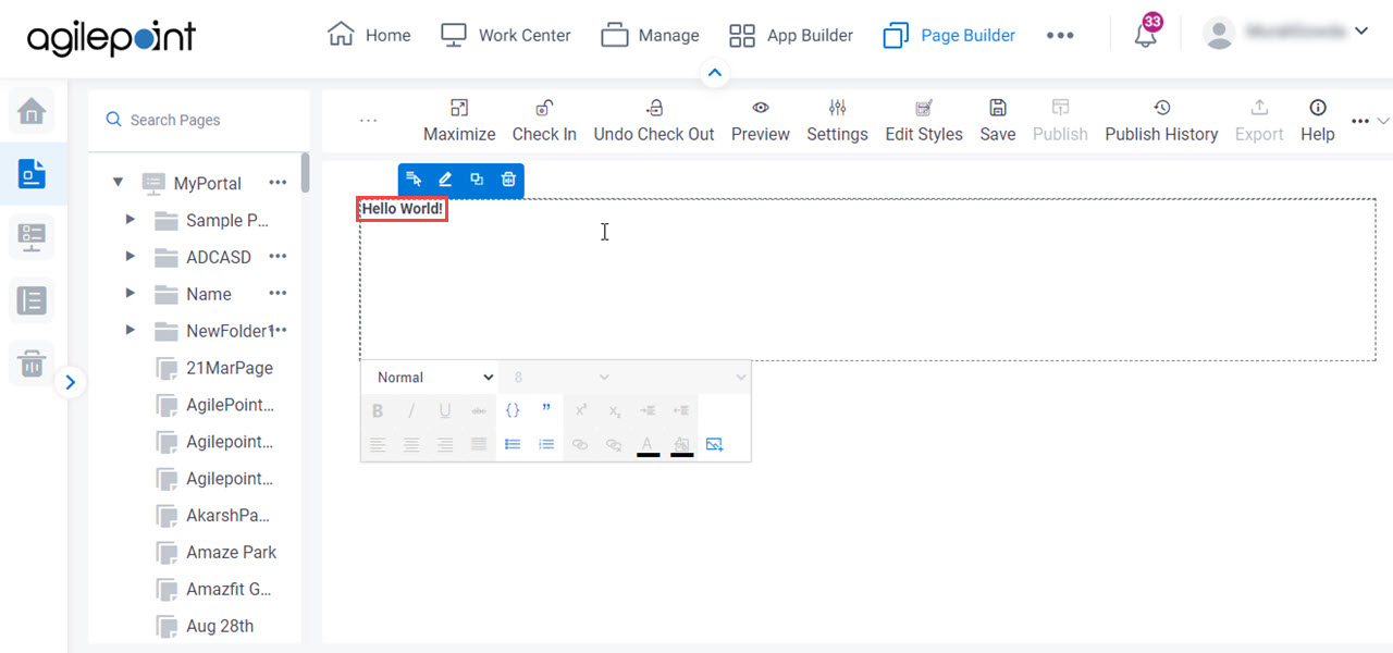 Custom Page Designer screen