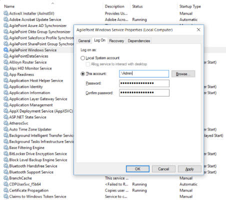 AgilePoint Data Services Properties screen
