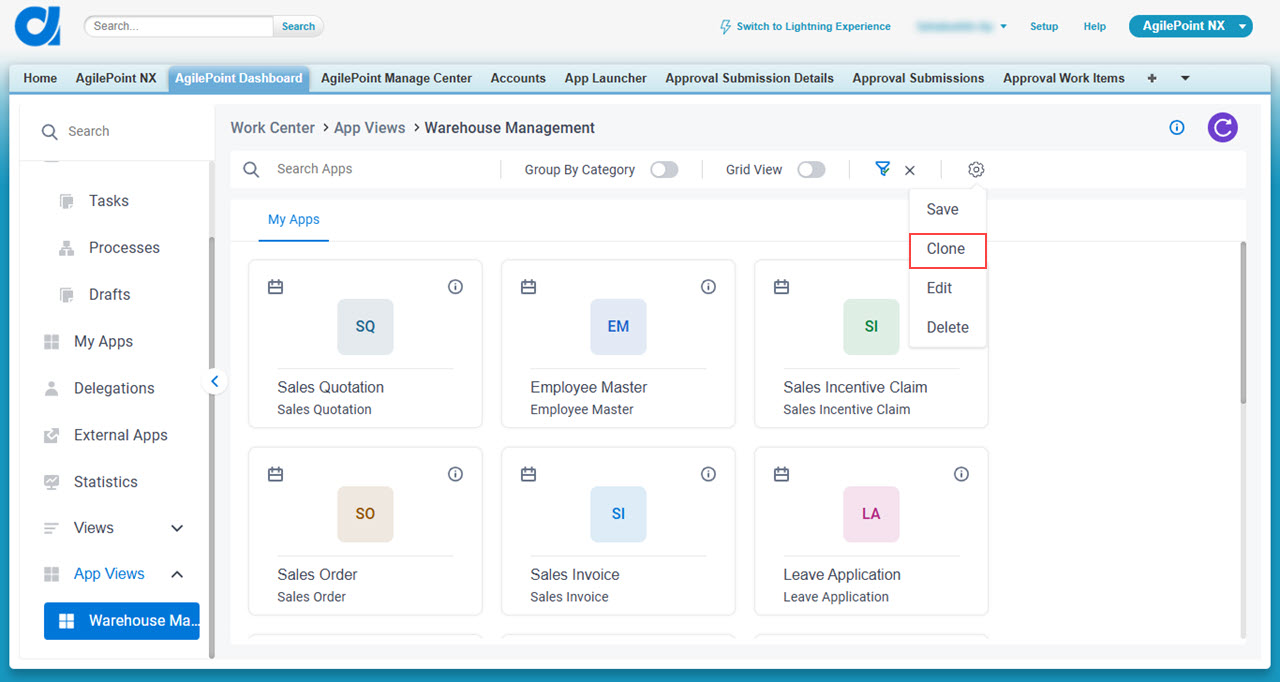 Click Clone Custom App View