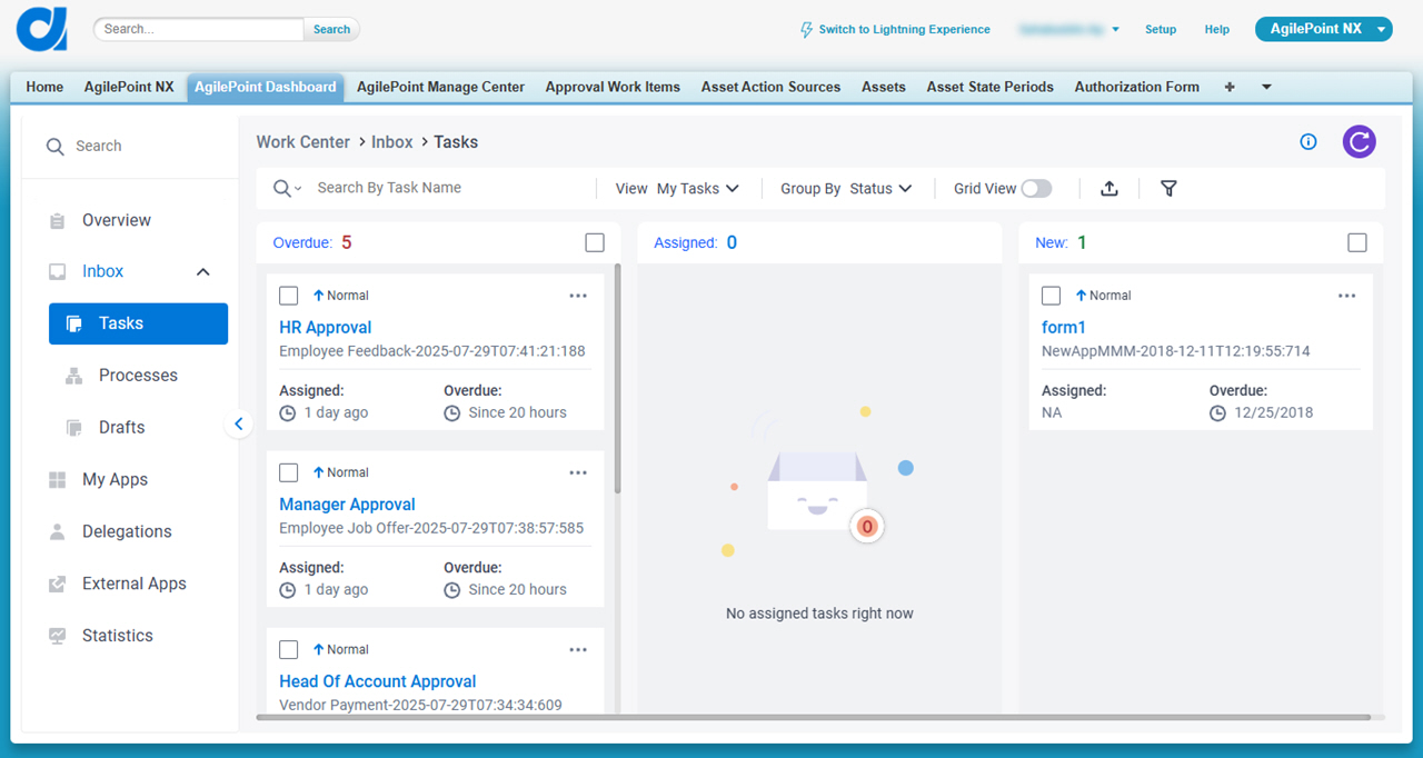 Tasks screen