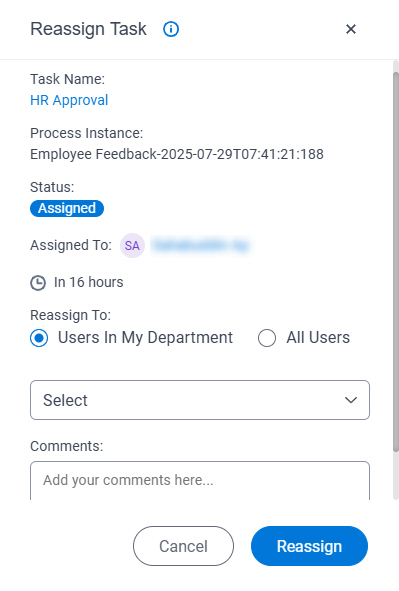 Reassign Task screen