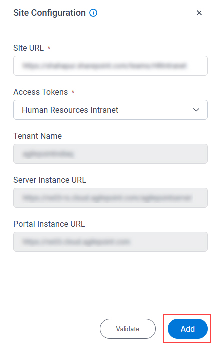 Site Configuration screen Click Add button
