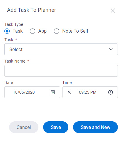 Add Task To Planner screen
