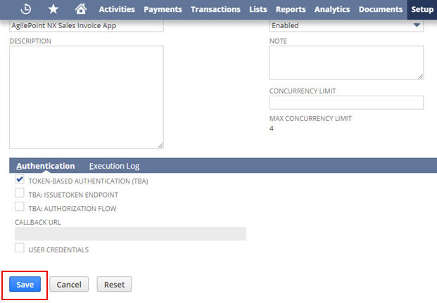 Oracle NetSuite Integration screen