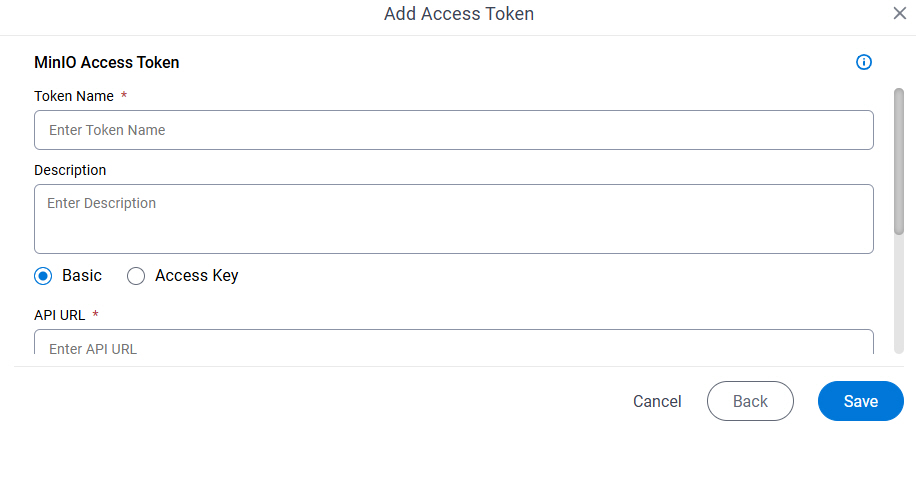 MinIO Access Token Configuration screen