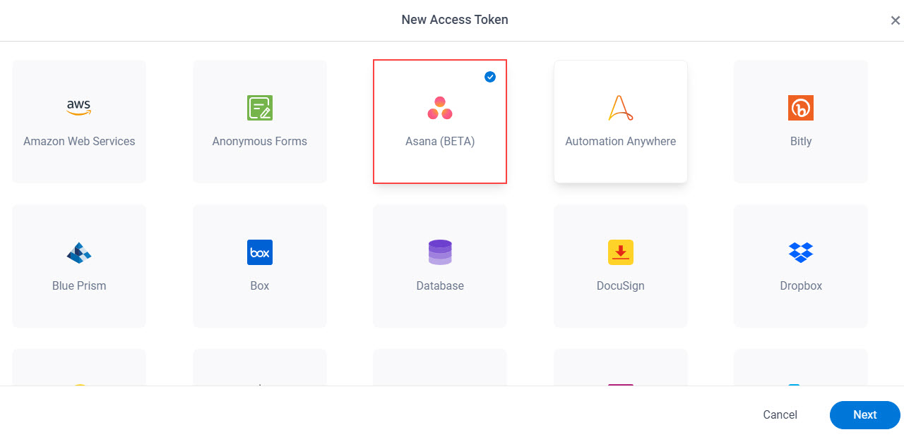 Select Asana App Token