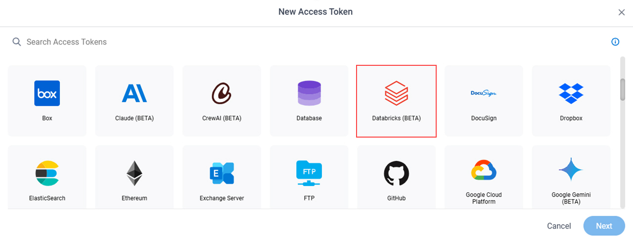 Select Databricks App Token