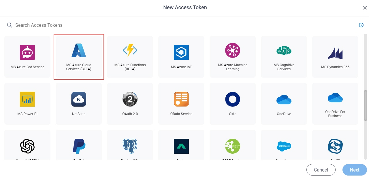 Select MS Azure Cloud Services App Token