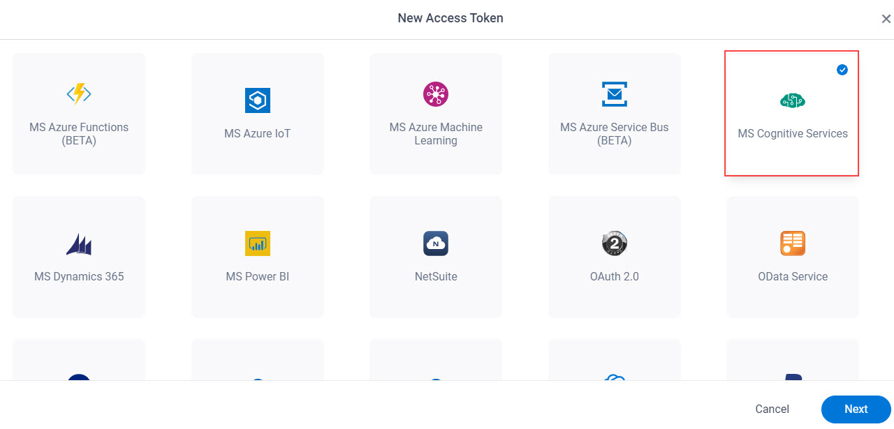 Select MS Cognitive Services App Token
