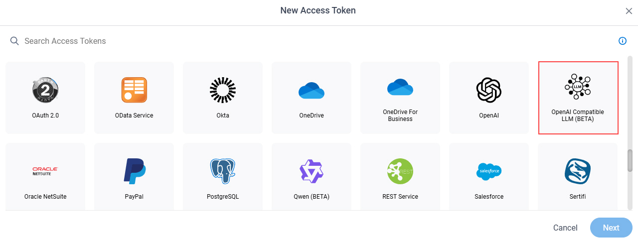Select OpenAI Compatible LLM App Token