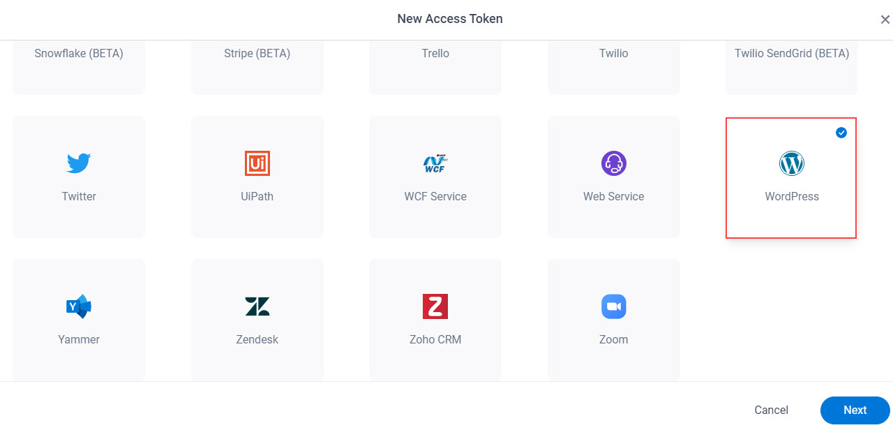 Select WordPress App Token