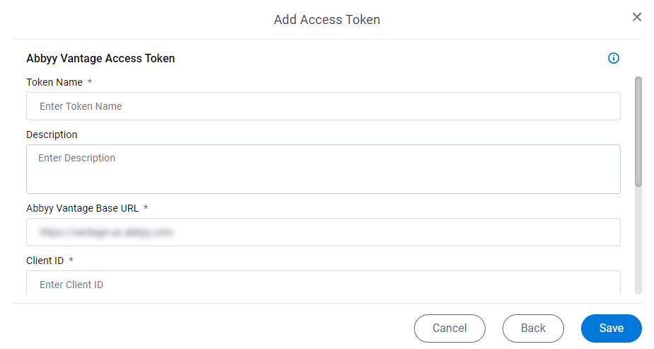 ABBYY Vantage Access Token Configuration screen