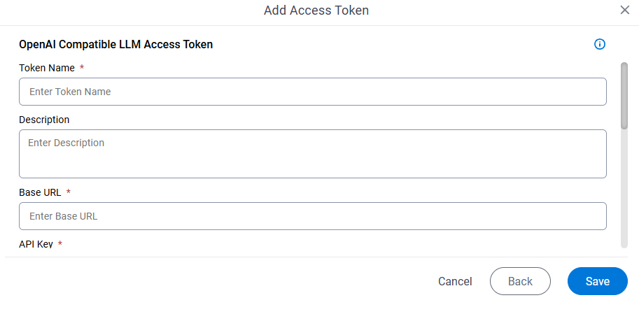 OpenAI Compatible LLM Access Token Configuration screen
